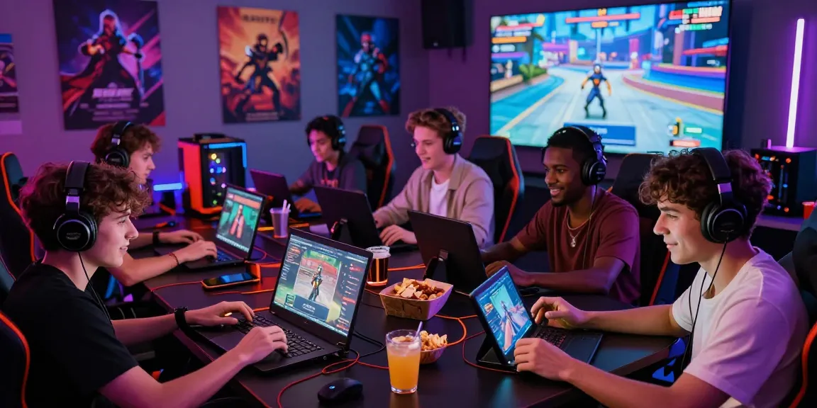 Gamers enjoying game porn on multiple devices in an immersive gaming room.