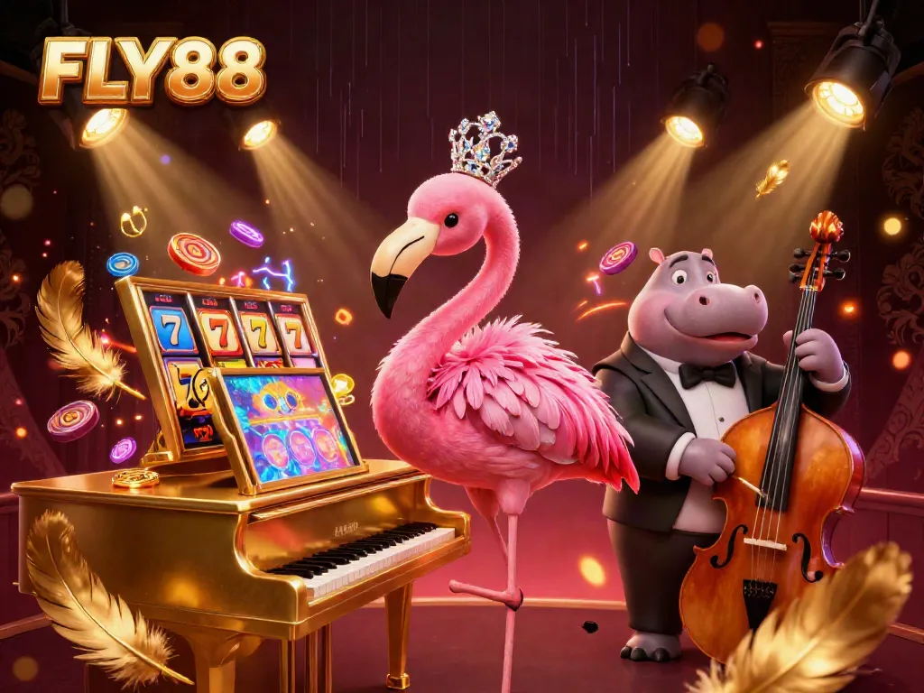 Experience FLY88's vibrant gambling scene with a flamboyant flamingo singer and joyful hippo bassist.