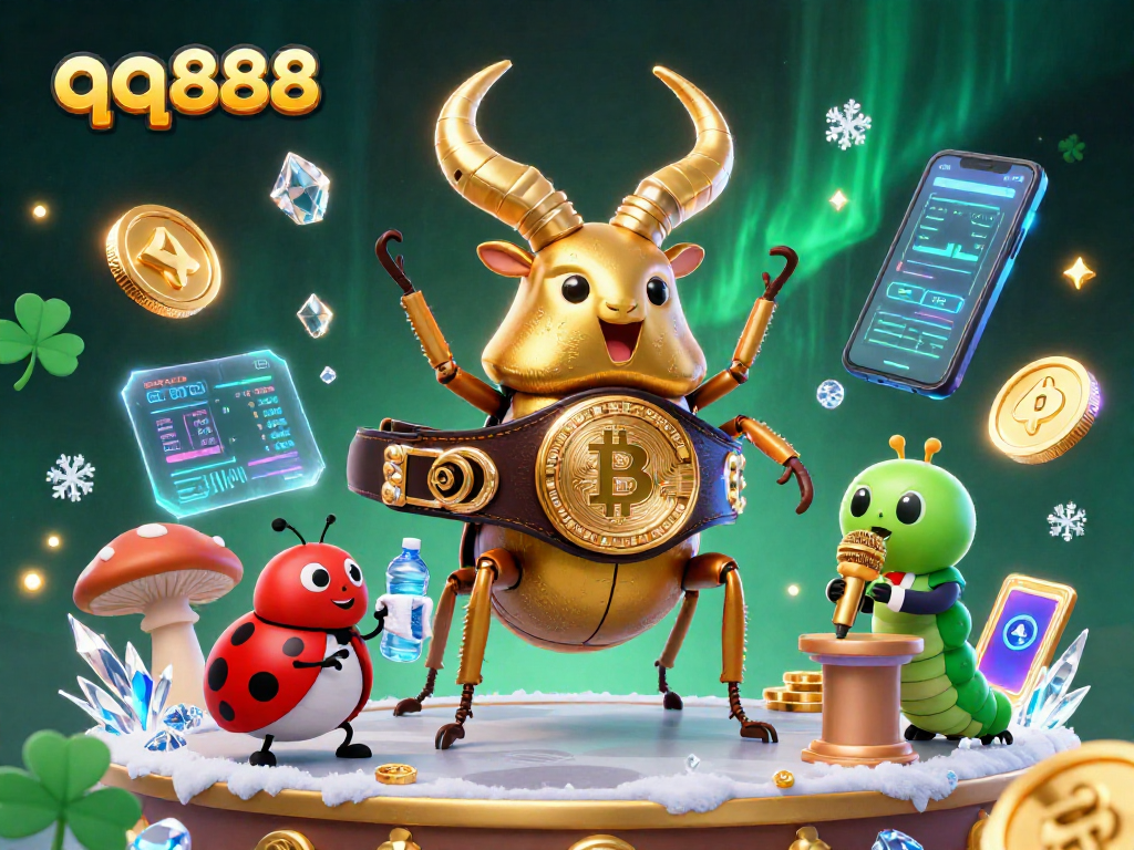 Bet on qq888 with this dynamic illustration featuring a boxing beetle, ladybug corner-man, and vibrant crypto elements.