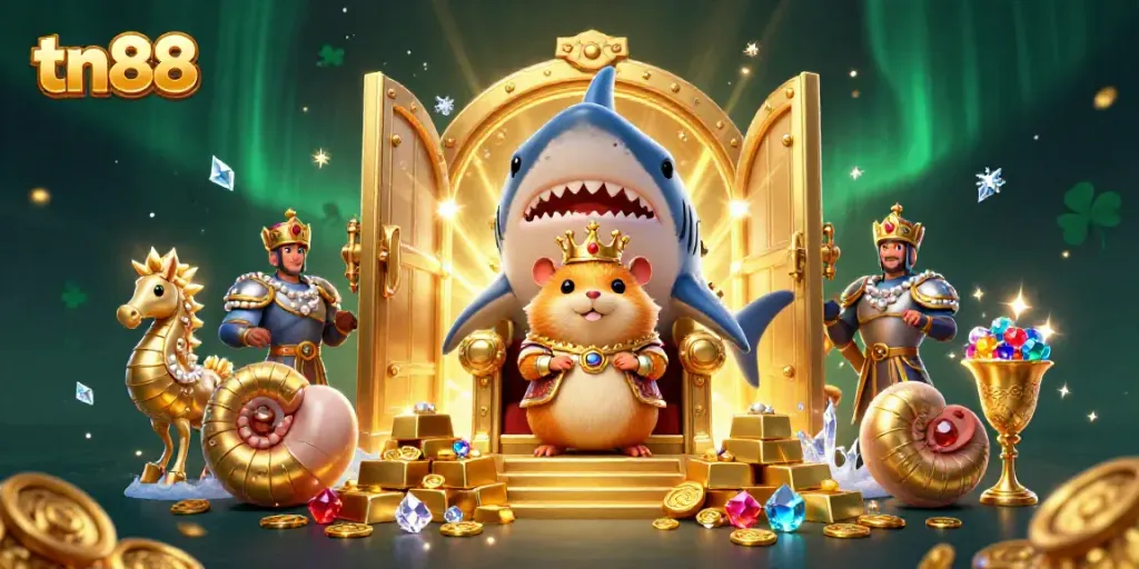 Engage with tn88's vibrant casino world featuring golden hamster king surrounded by treasures.