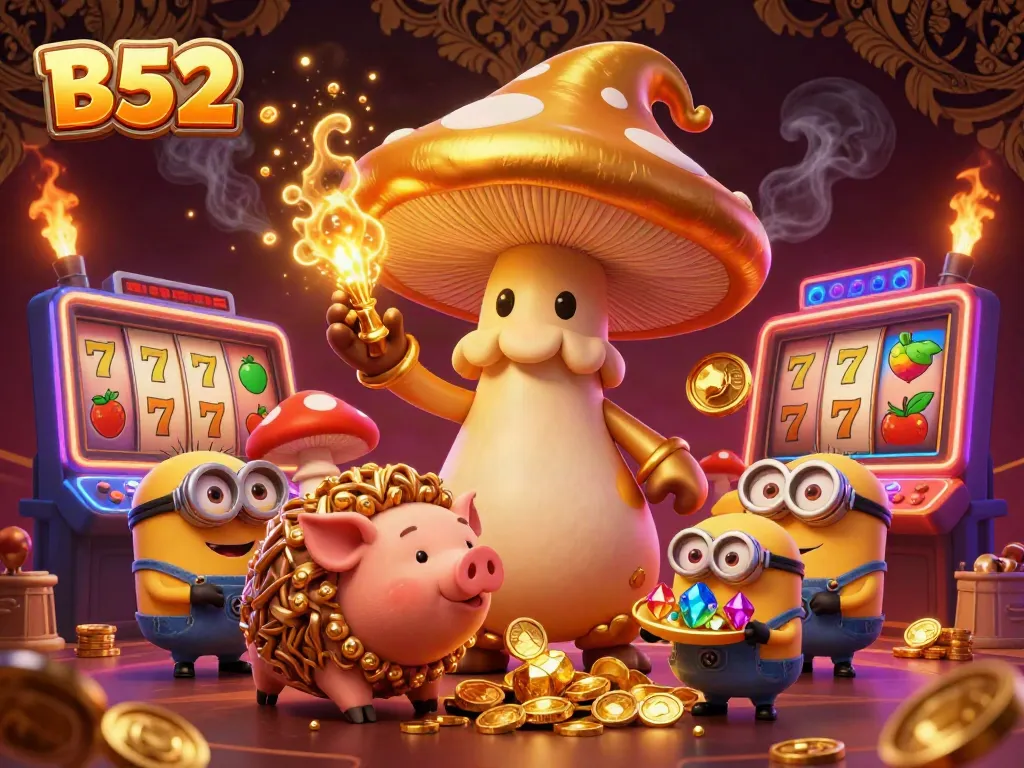 Experience the magic of B52 slots with golden characters and vibrant casino elements in a dynamic scene.