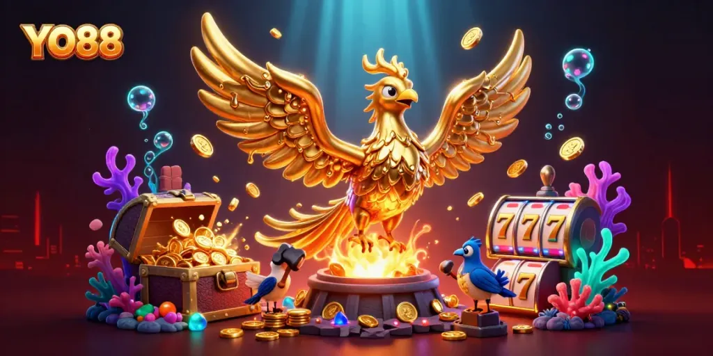 Experience winning moments with YO88, featuring a golden phoenix and dynamic casino elements.