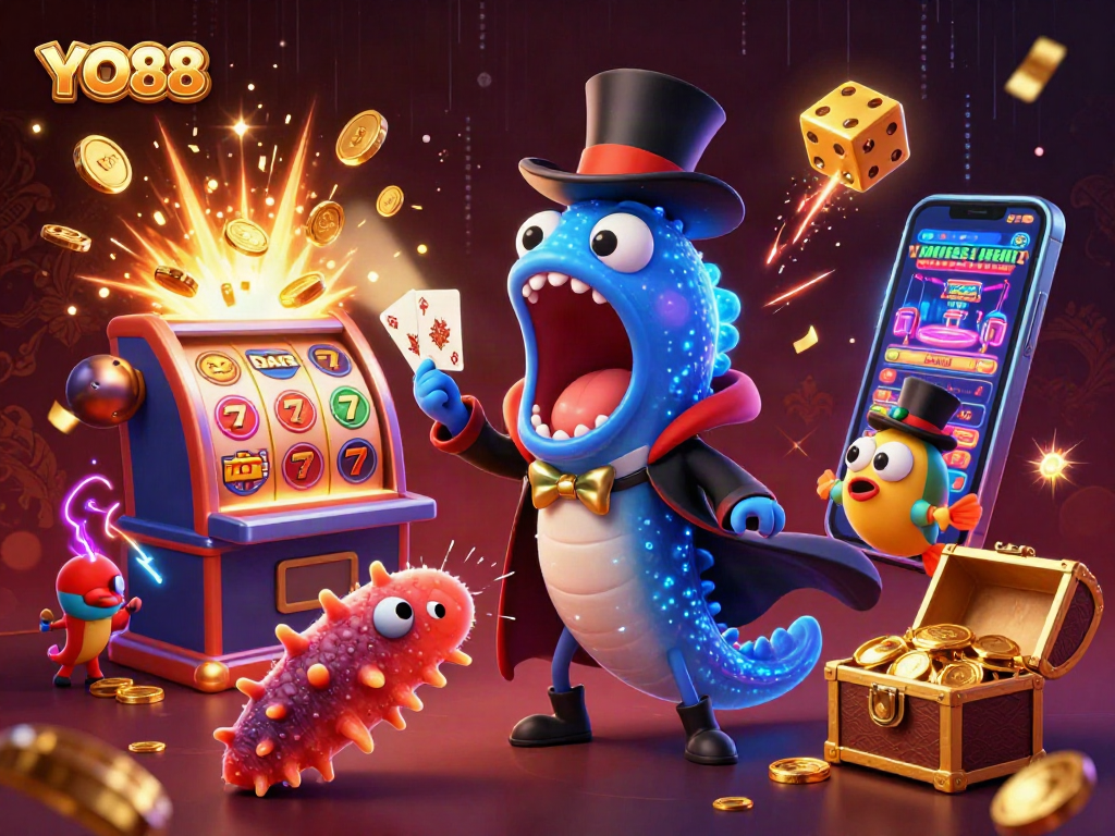Experience thrilling jackpots at YO88 with an enchanting 3D casino illustration showcasing unique underwater characters.