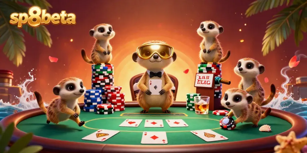 Experience the vibrant casino atmosphere at sp8beta with playful meerkats managing a lively poker game.