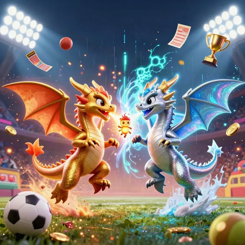 Twin gold and silver dragons spiral through fire and ice amid sports balls, trophy, and neon casino light.