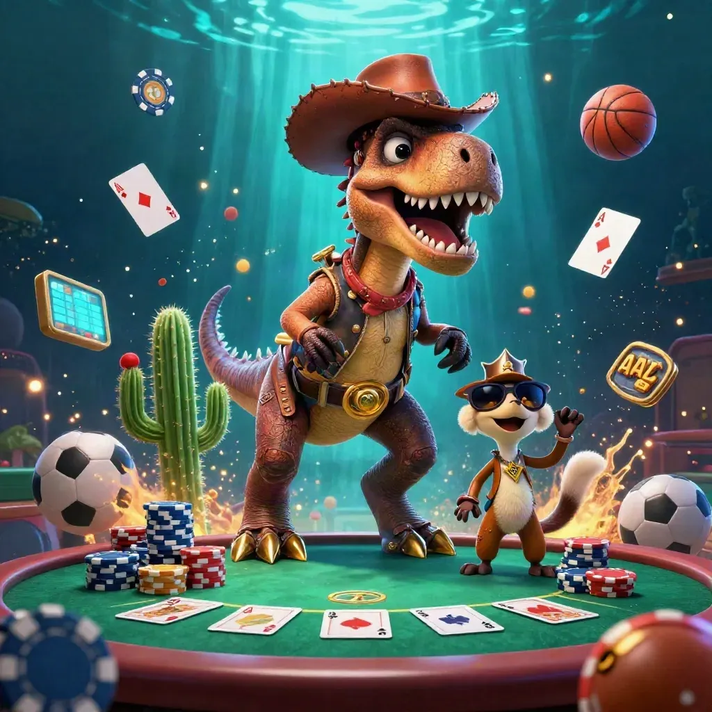Cowboy T-Rex, cactus sidekick and roadrunner amid casino props in neon underwater glow.
