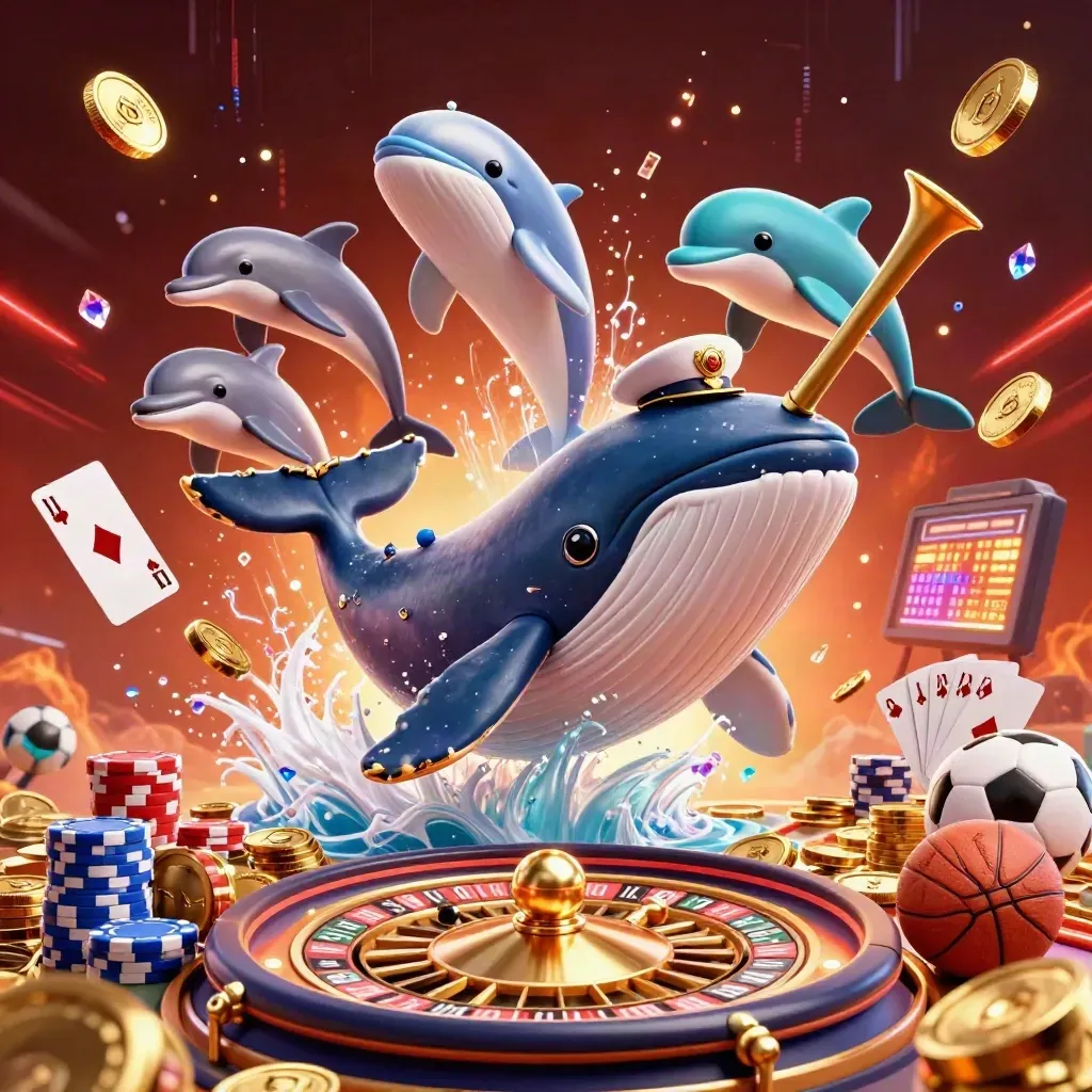 Captain whale, narwhal, and dolphins amid casino treasures and neon ocean glow.