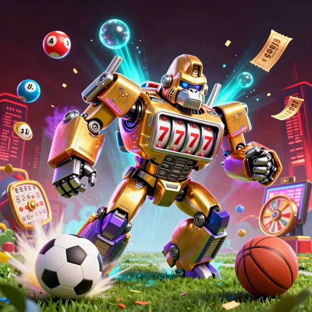 Golden gorilla mech with slot reels, monkey pilot, flying balls and casino tokens in neon light