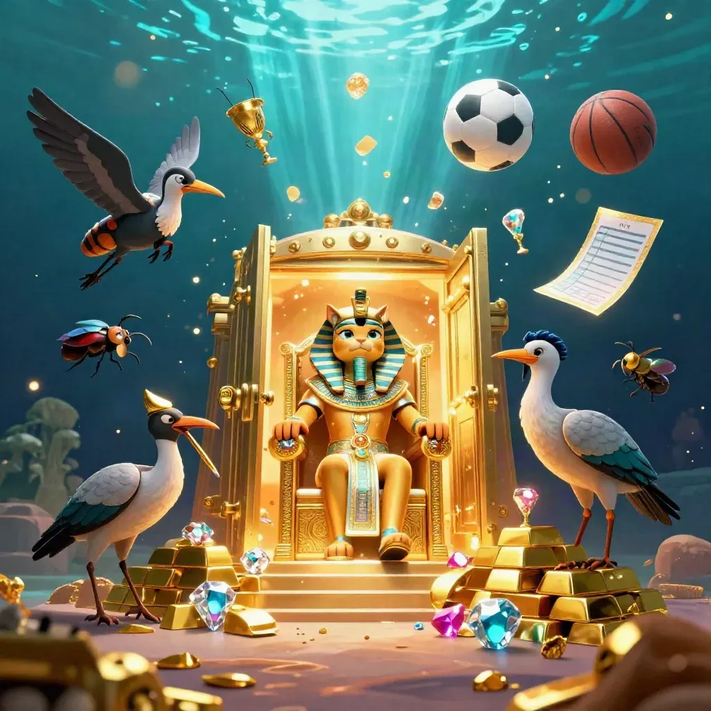 Pharaoh cat, ibis, and gem-winged scarabs amid treasure burst in a teal underwater glow.