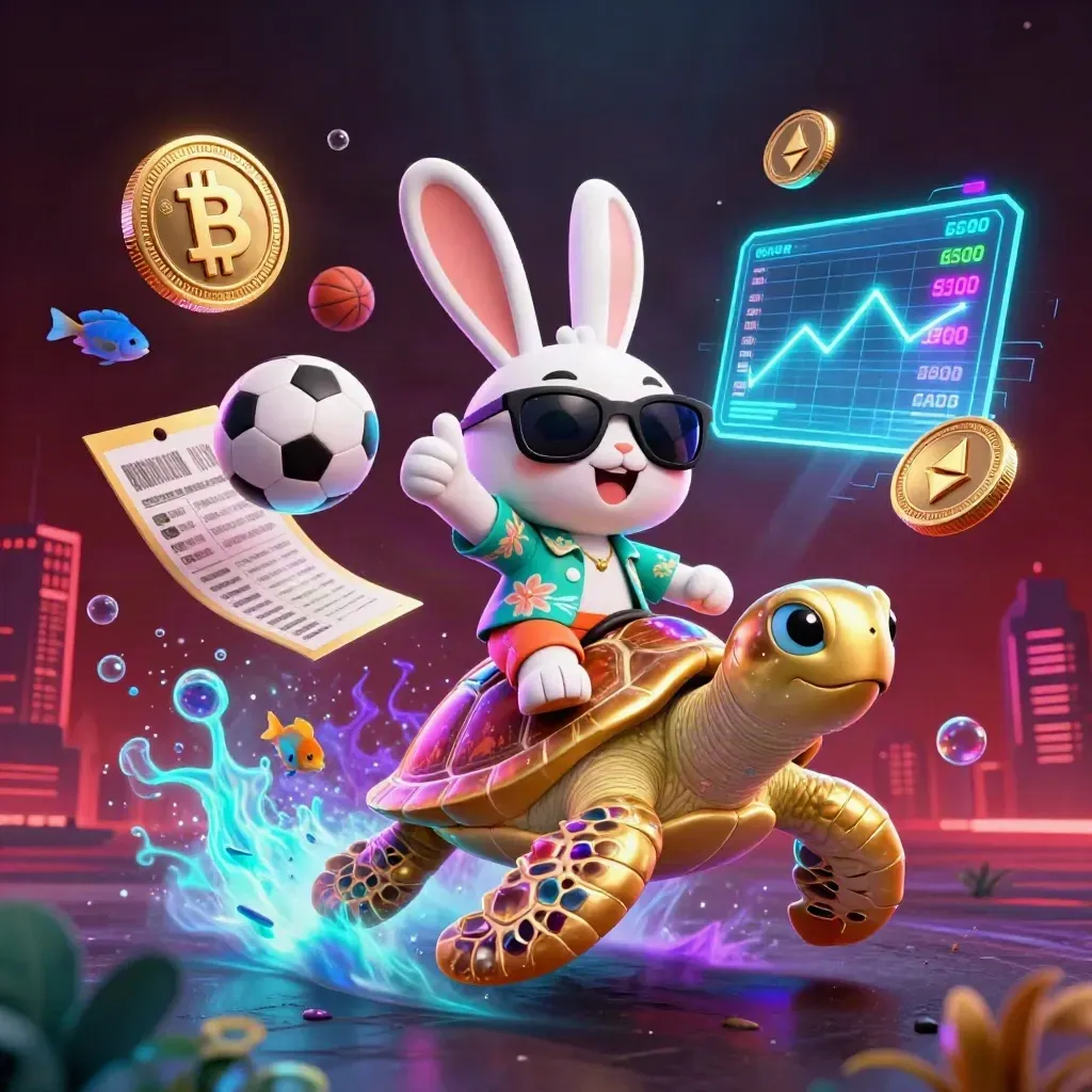 Lucky rabbit rides a golden sea turtle amid neon coins, fish, and sports balls in a dramatic ocean-casino burst.