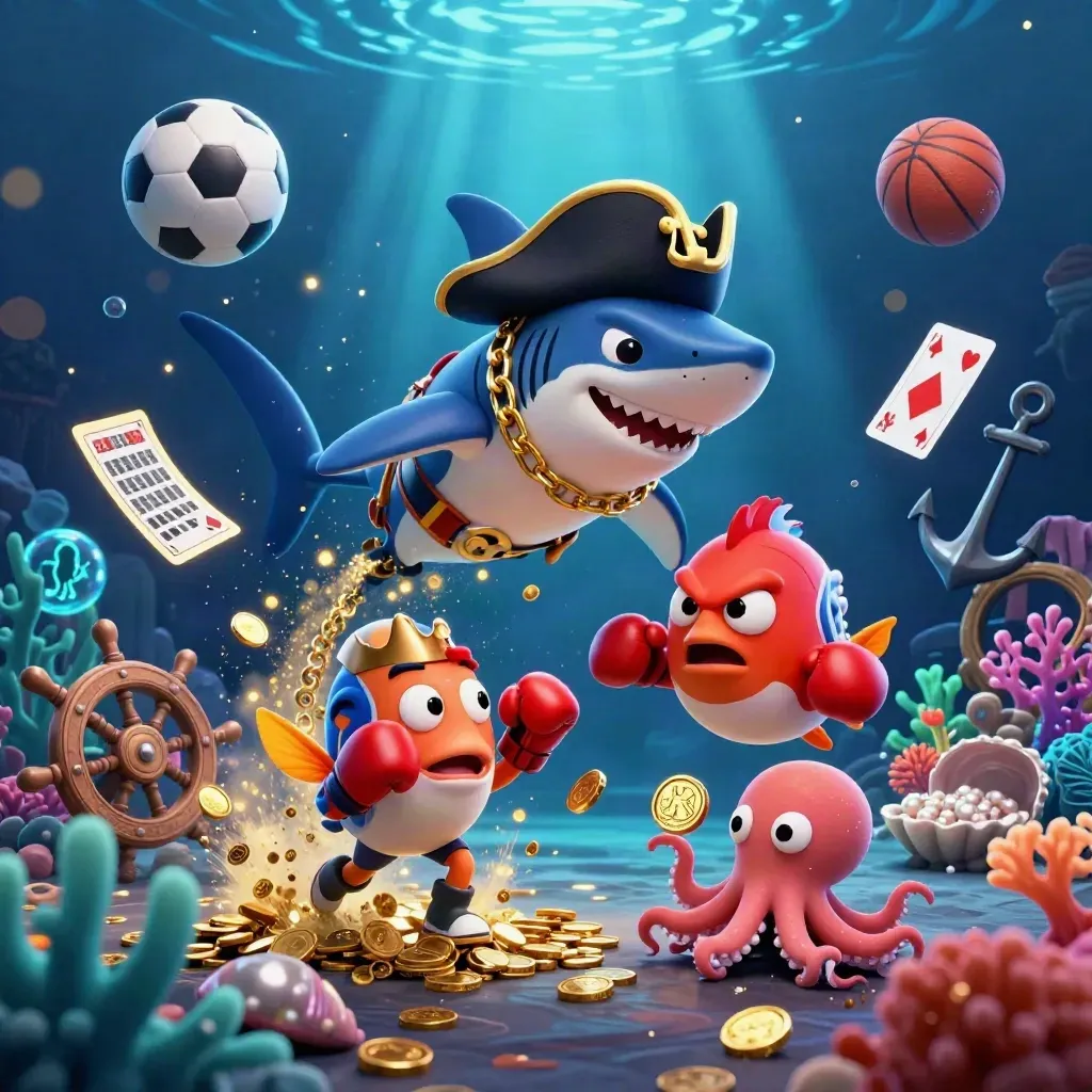 Pirate shark, boxing pufferfish, and coin-juggling octopus in an underwater casino treasure cove.