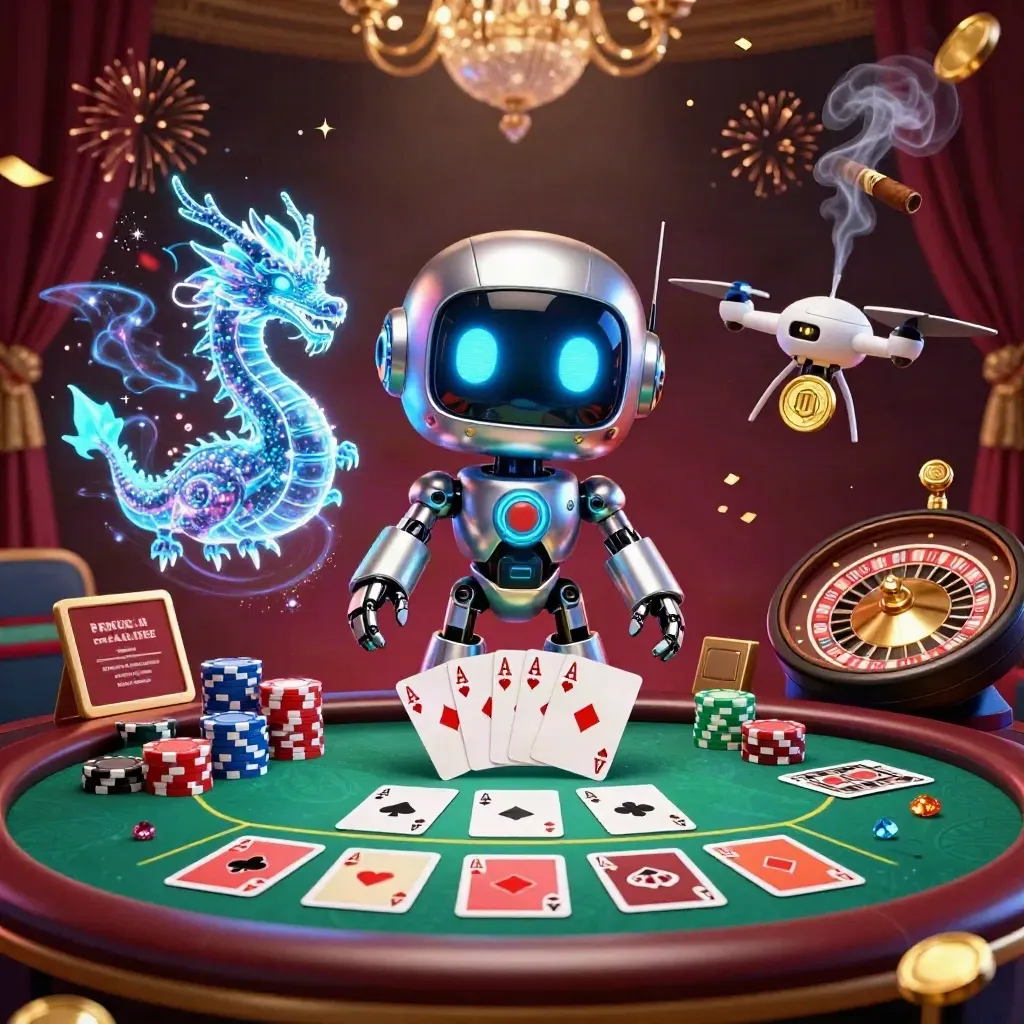 Cyberpunk robot, holographic dragon, and coin drone in a luxe casino with cards, chips, and a roulette wheel.