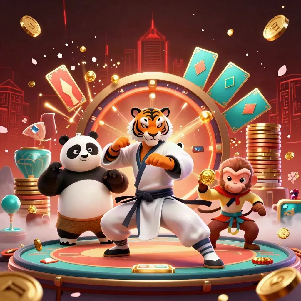 Tiger, panda, and monkey in a luxe casino-fantasy action scene with coins, chips, and glowing lights.