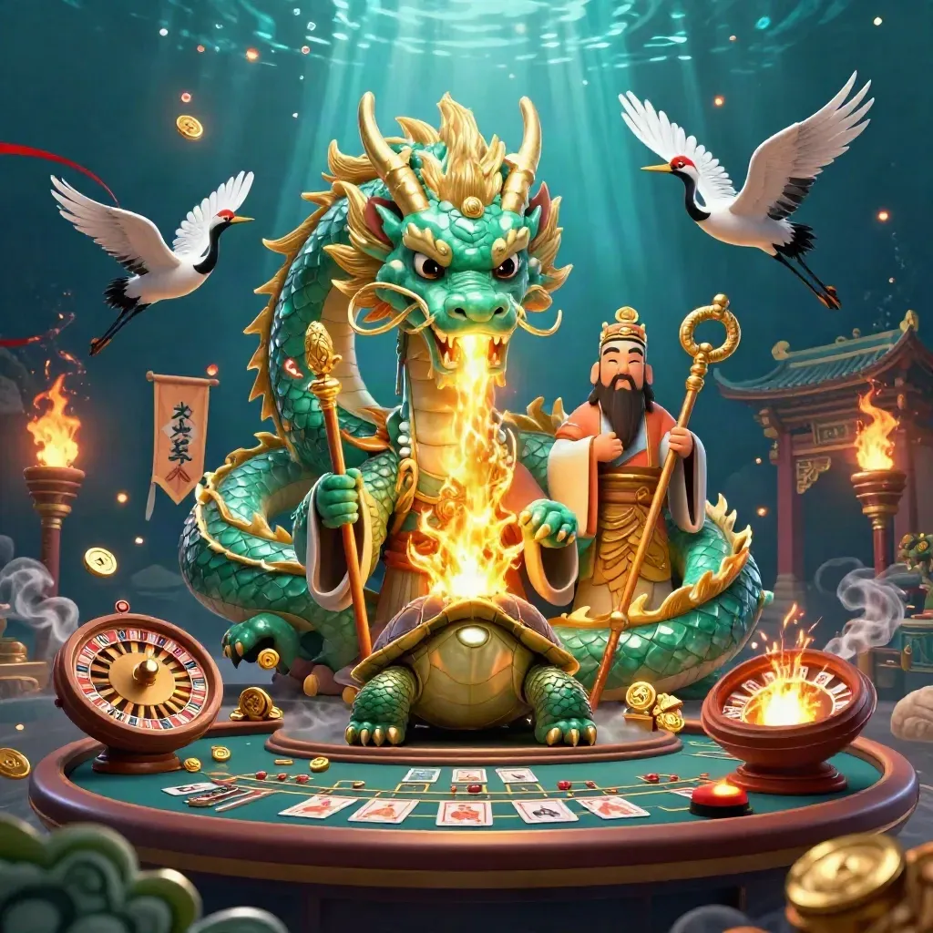 Emerald dragon, turtle sage, and cranes in a teal casino temple with glowing fire and gold.