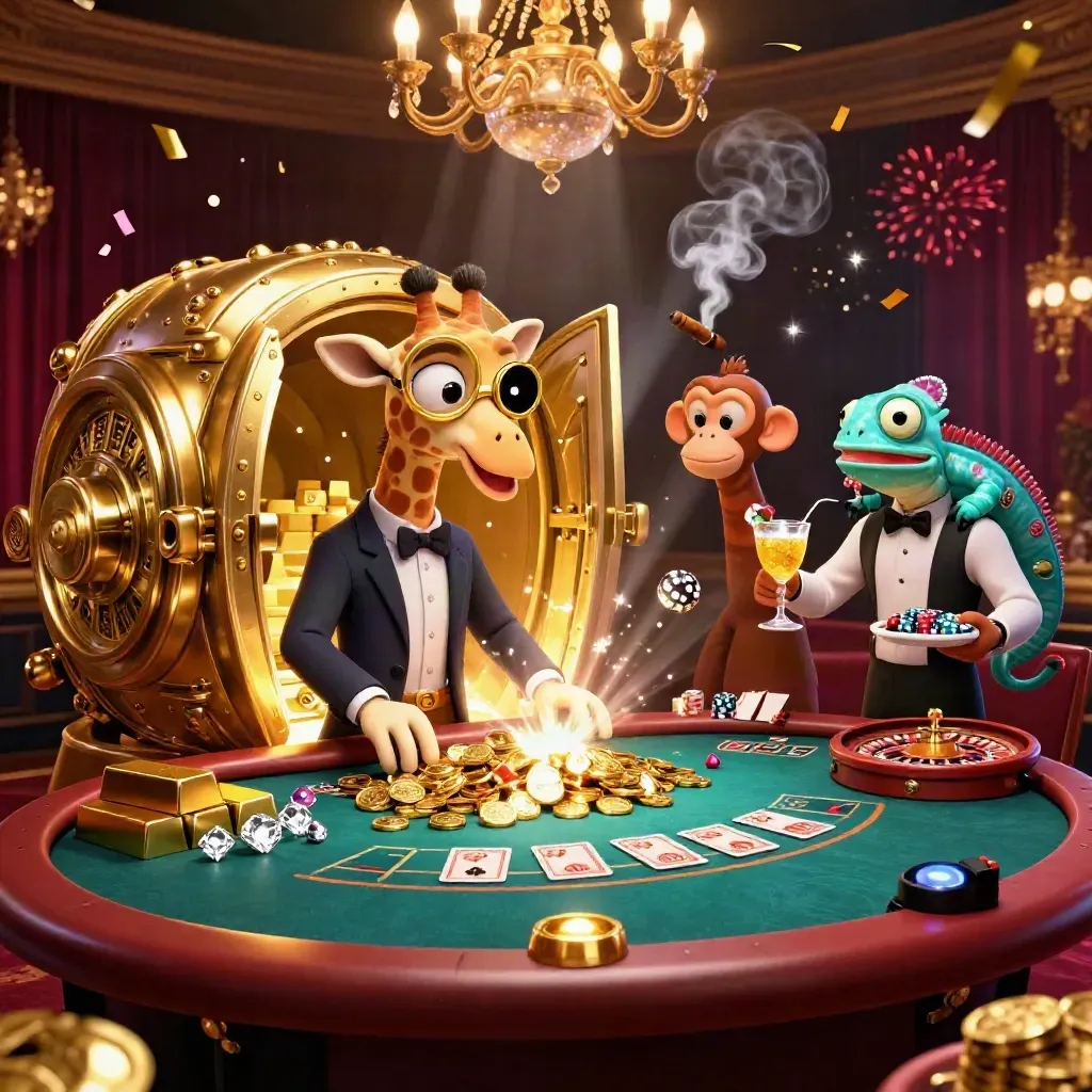 Giraffe high roller, monkey valet, and chameleon bartender amid a glowing vault casino scene.