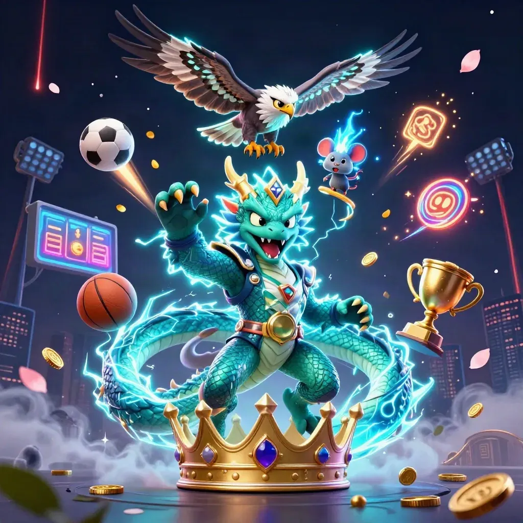 Thunder dragon, wind hawk, and static mouse amid sports balls, coins, and neon casino light