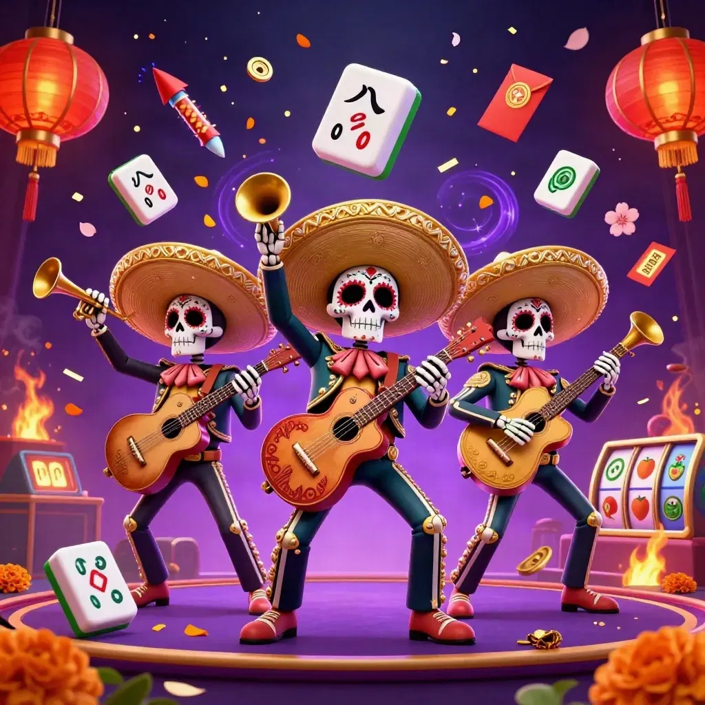 Skeleton mariachi trio amid casino tiles, lanterns, coins, fireworks, and neon starfield.