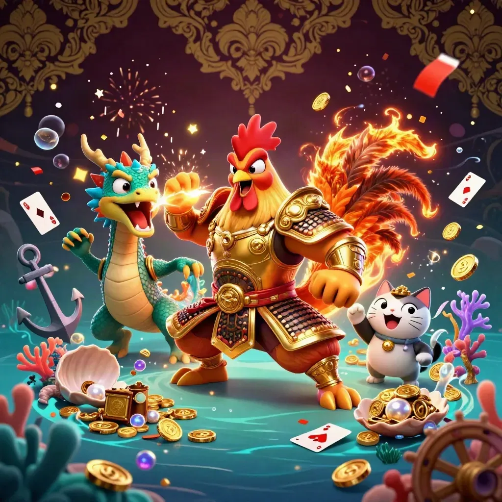 Rooster warrior, dragon hatchling and fortune-cat amid ocean treasure, sparks and luxury casino glow.