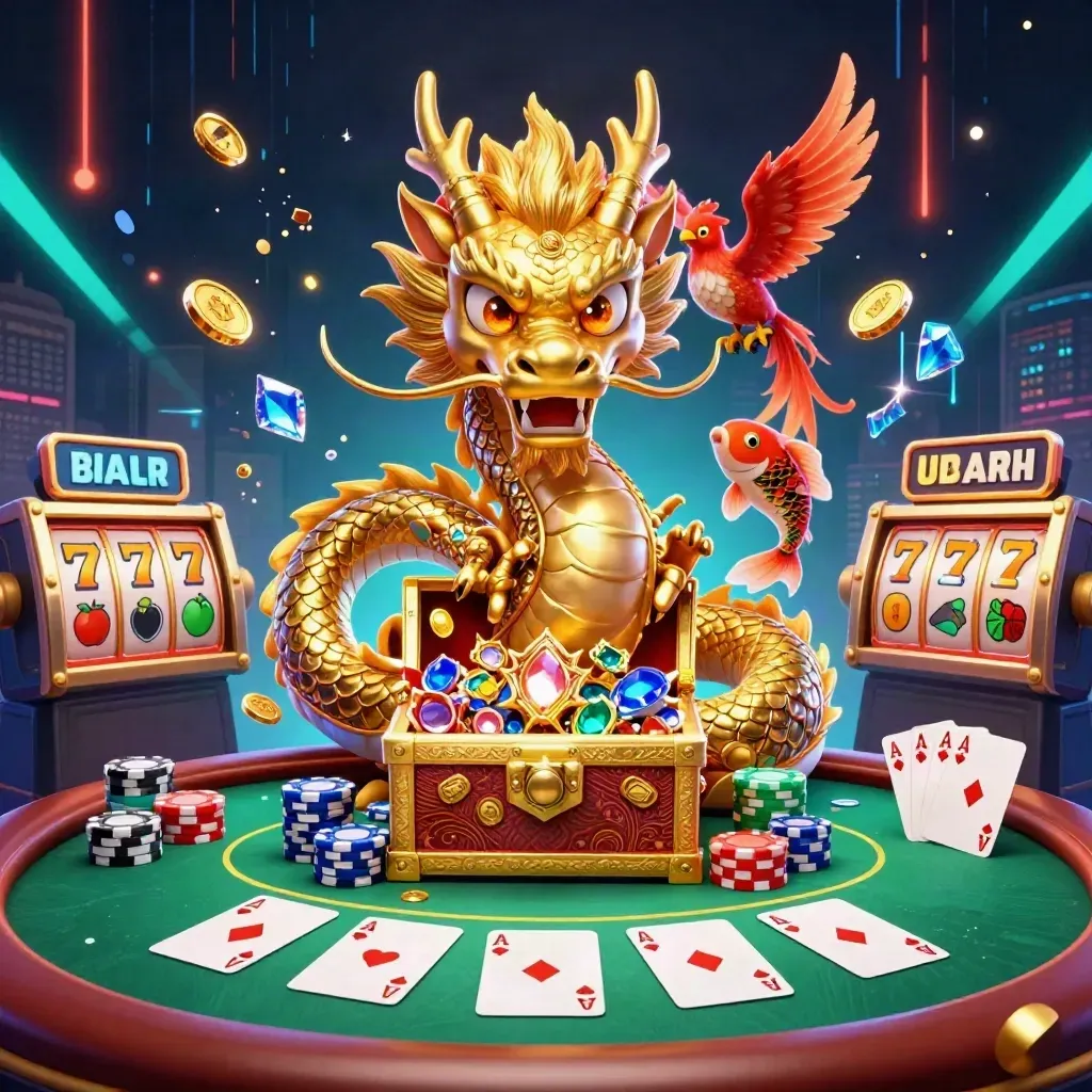 Golden dragon, phoenix and koi erupt from a treasure chest amid aqua casino light and chips.