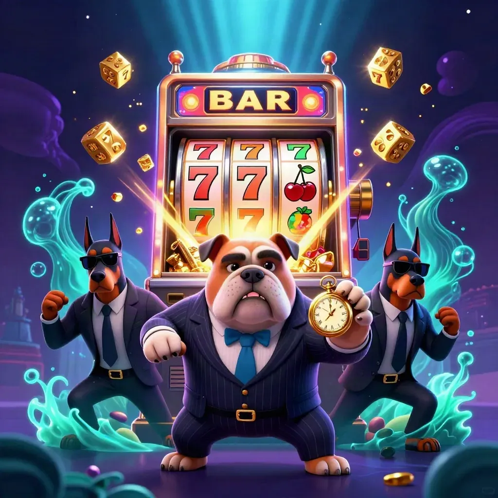 Bulldog mob boss and Dobermans amid bursting slot machine, gold, gems, and neon ocean glow.