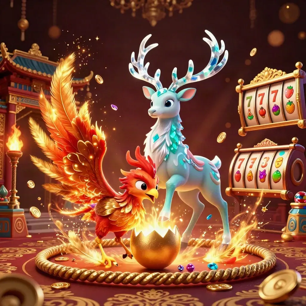 Fire phoenix, baby phoenix, crystal stag, casino loot, temple gate, damask glow, aqua light