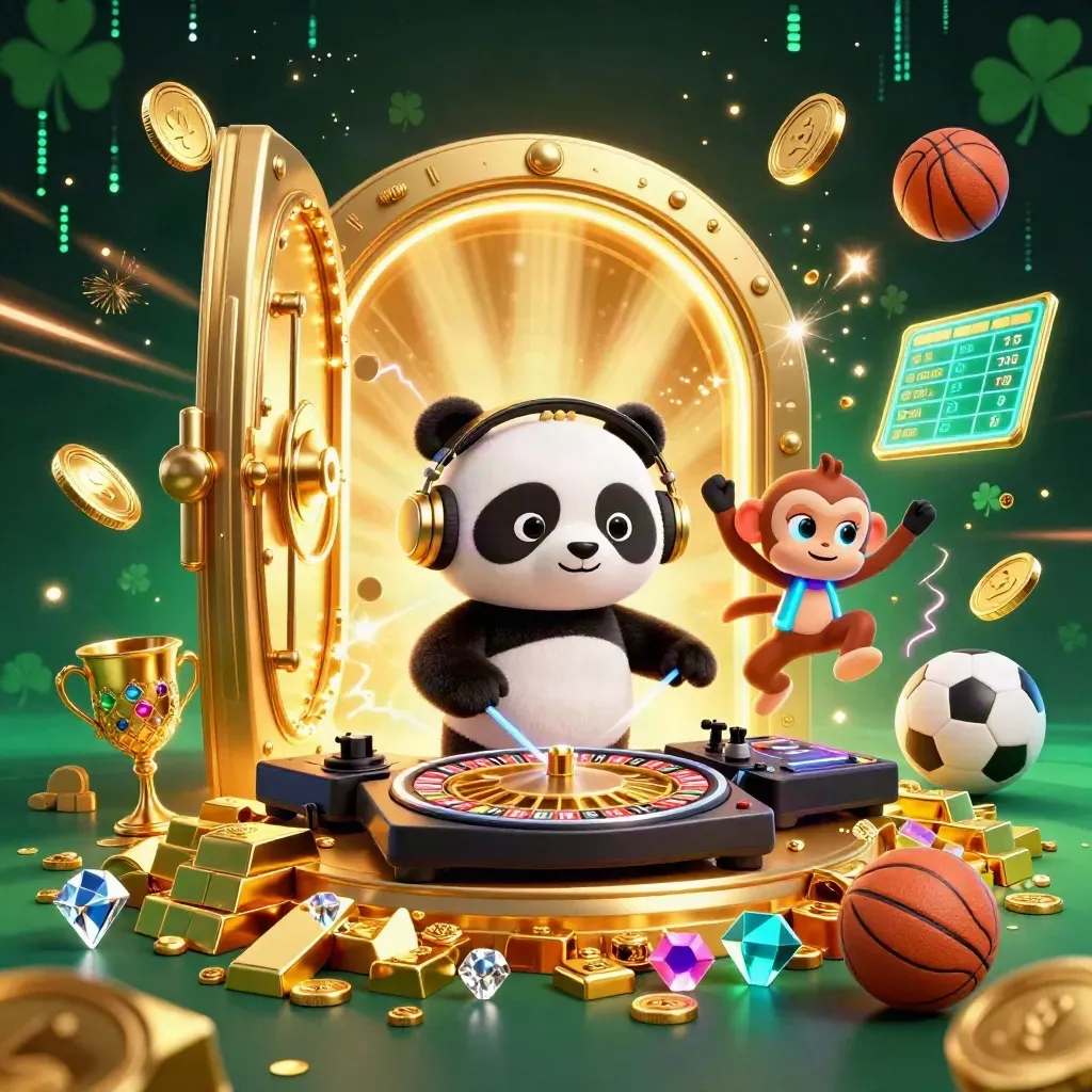 DJ panda, monkey, and glow-stick kitten burst from a vault with gold, gems, and sports betting energy.