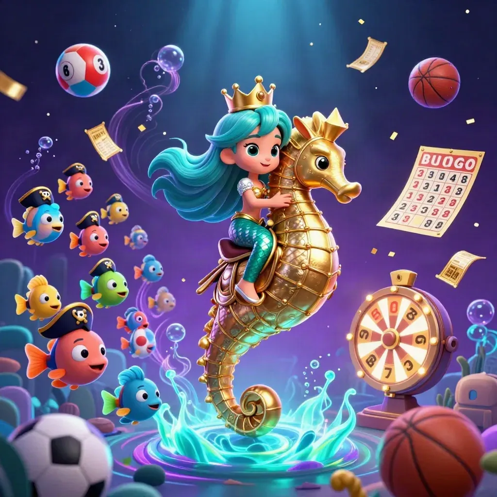 Mermaid princess on golden seahorse amid coins, balls, tickets, and glowing casino-sport magic.