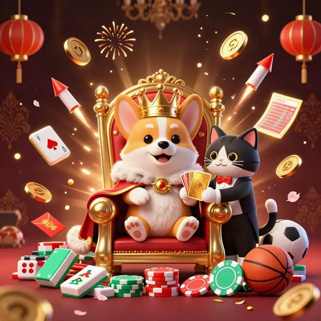 Corgi king and cat butler amid exploding coins, lanterns, fireworks and casino treasures.
