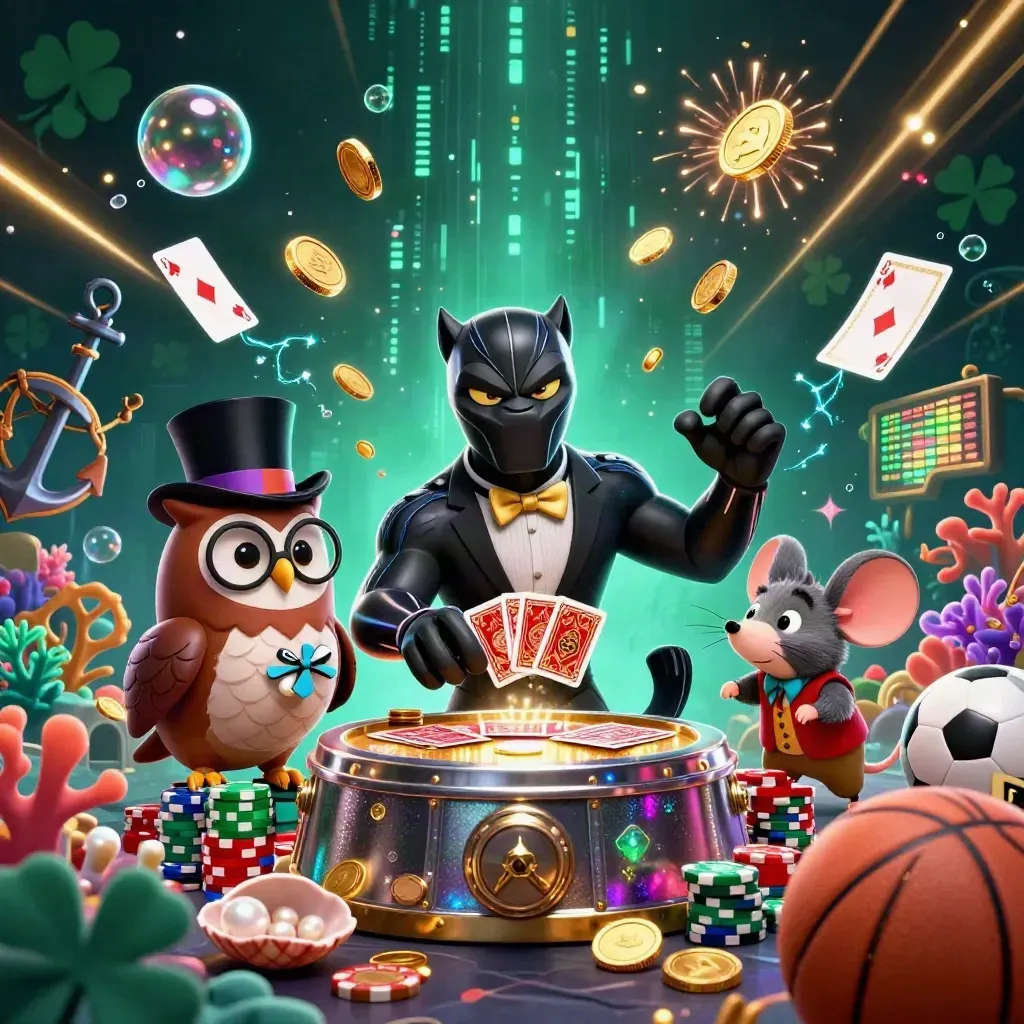 Black panther, owl and mouse amid coins, coral, cards and treasure in a glowing casino ocean scene