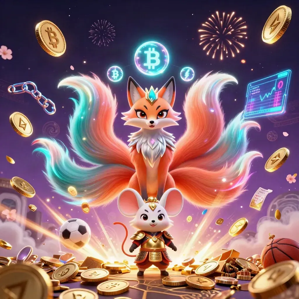 Nine-tailed fox spirit and samurai mouse amid coins, fireworks, sports bets and neon tech
