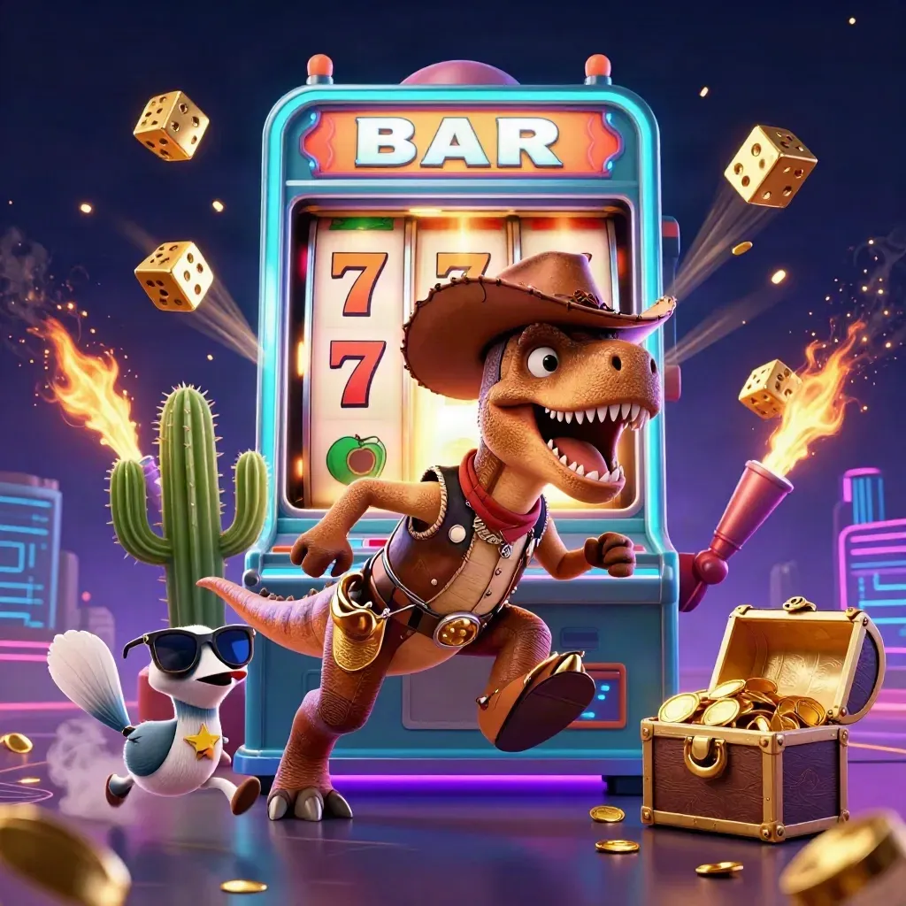 Cowboy T-Rex, cactus sidekick, and sheriff roadrunner amid jackpot slot chaos