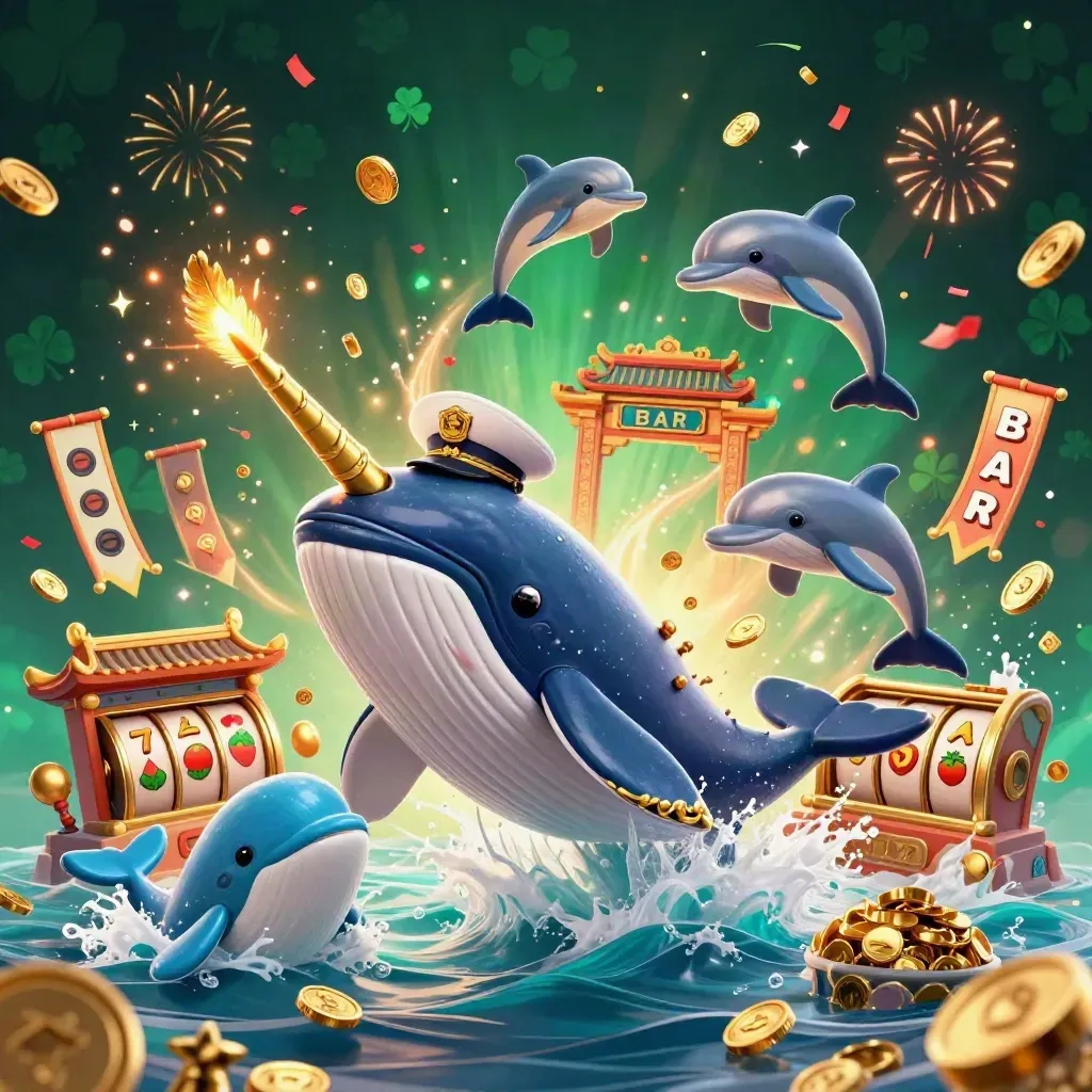Captain whale, narwhal, and dolphins burst from coins amid slots, confetti, and magical ocean-casino lights.