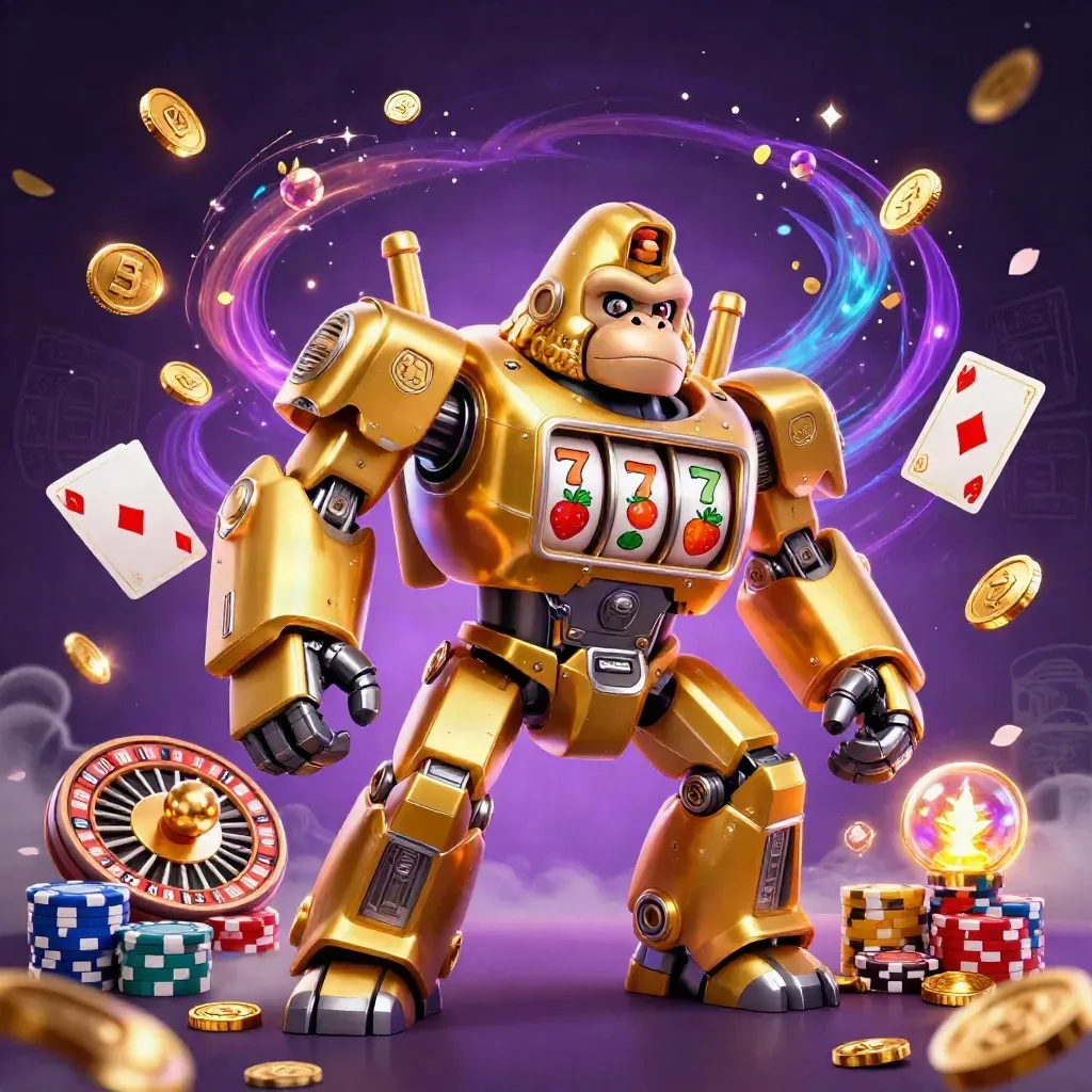 Golden slot-machine gorilla mech with monkey pilot, coins, reels, chips, cards, roulette wheel