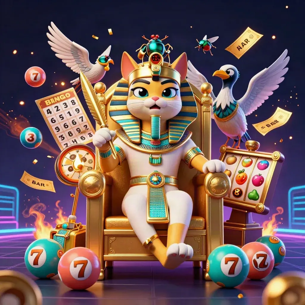 Pharaoh cat on a golden throne with scribe, scarabs, casino symbols, and neon glow