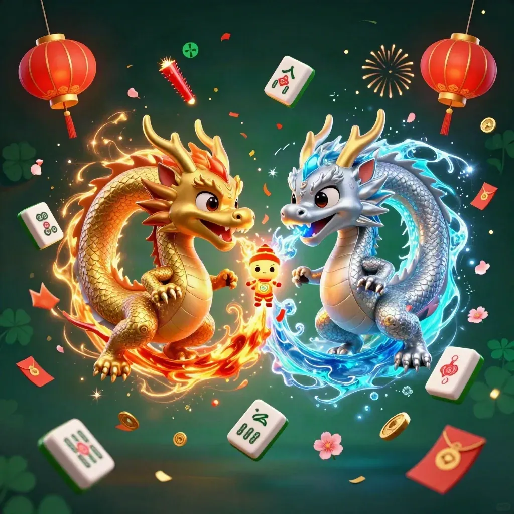 Gold and silver dragons spiral with fire and ice, lantern spirit, casino charms, and glowing effects.