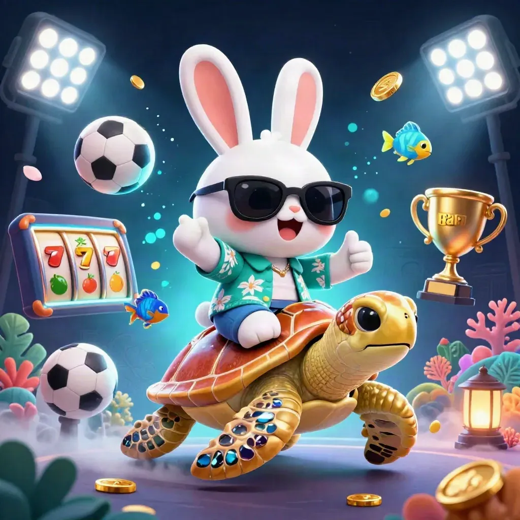 Lucky rabbit riding a jeweled sea turtle amid casino sports icons and ocean glow.