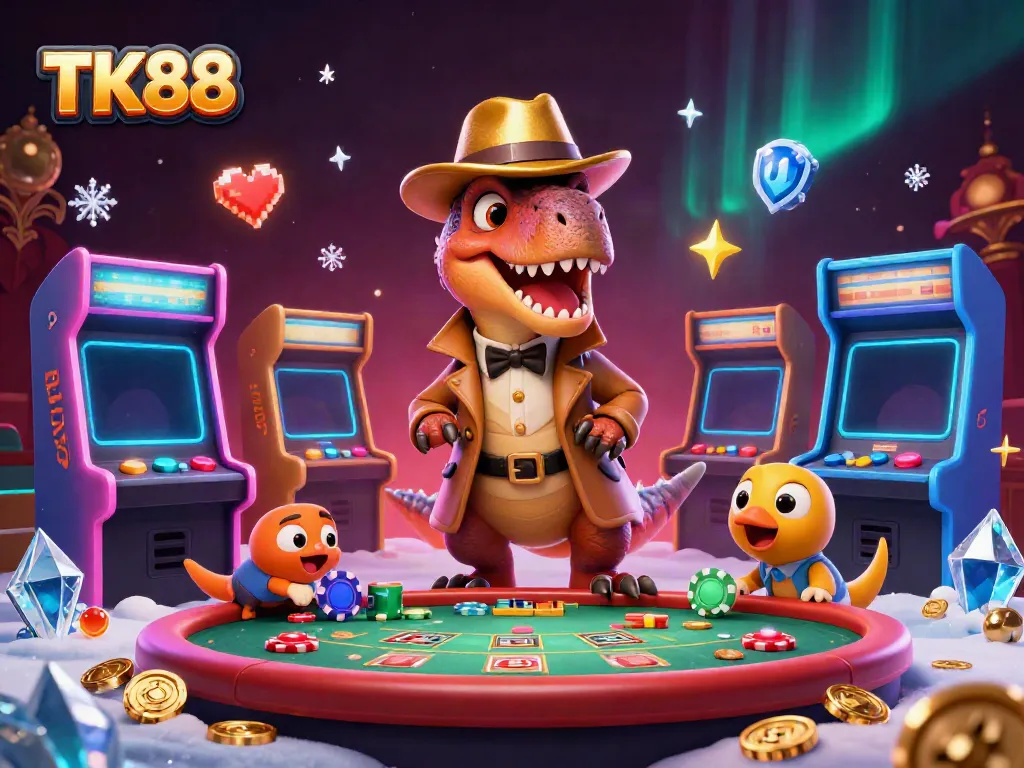 Experience TK88 excitement with cartoon velociraptor card counter in action amidst a vibrant casino scene.
