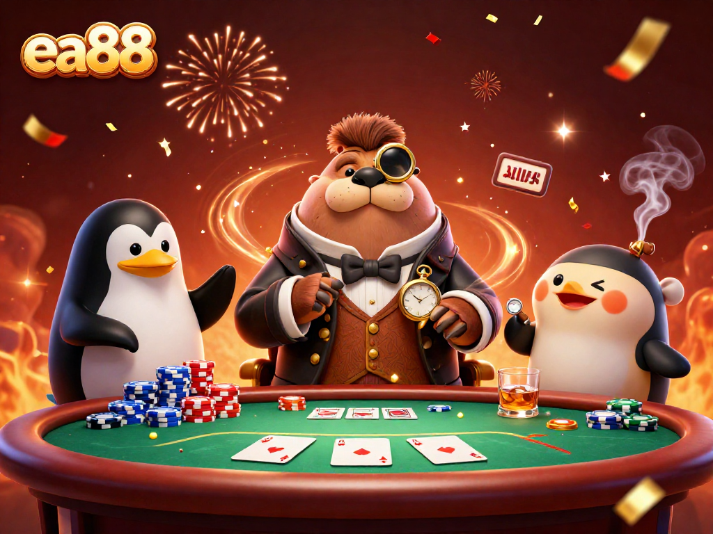 Play poker at ea88 with a jolly walrus and strategic pufferfish in an underwater scene.