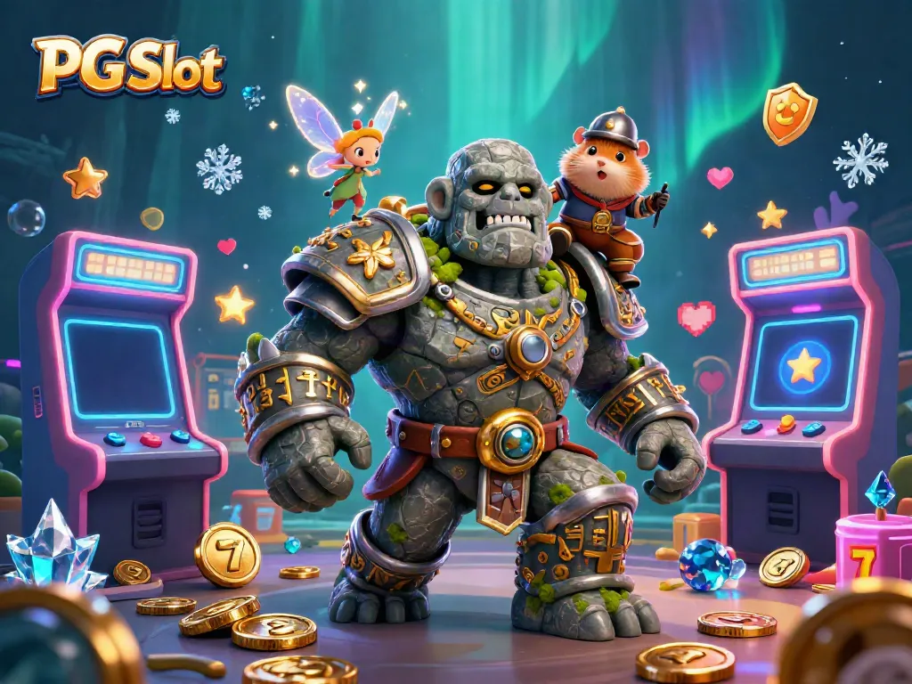 Engage in the vibrant PG Slot adventure with characters amidst colorful arcade elements and magical touches.