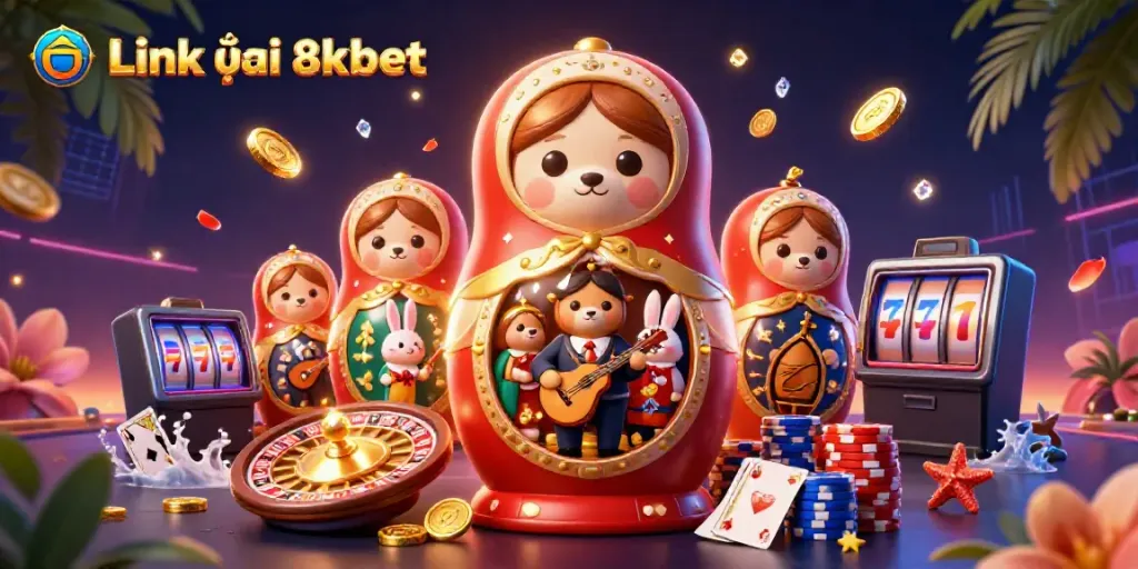 Engage with Link vào 8kbet in this vibrant casino scene featuring animated bears and sparkling game elements.