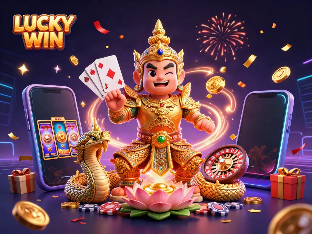 Experience the thrill of LUCKY WIN with vibrant 3D characters amidst casino excitement, showcasing slots and games.