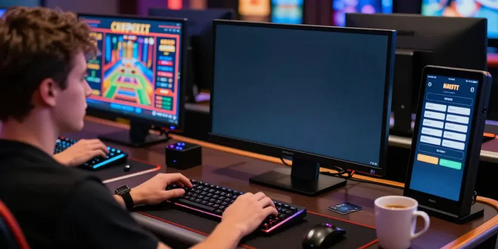 Player at a casino site that takes credit cards, showcasing a vibrant gaming setup with credit card details and games displayed.