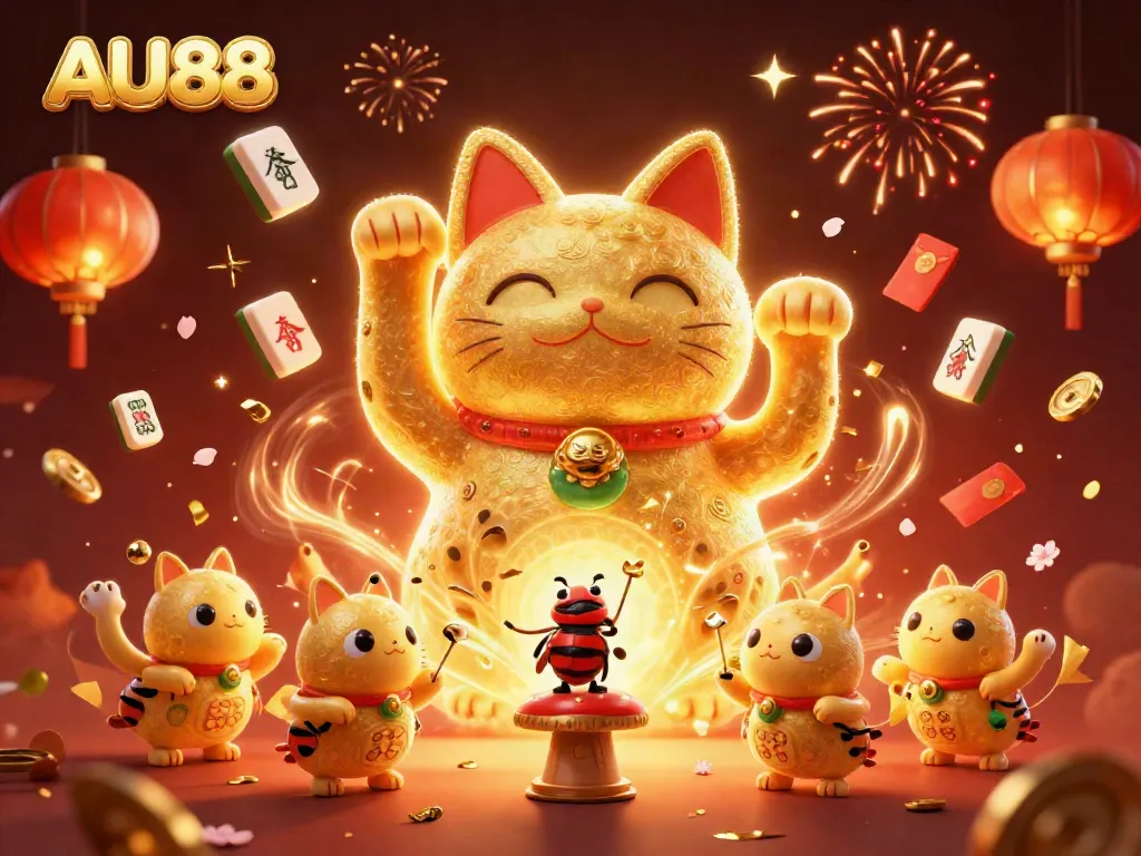 Experience thrilling gaming adventures with AU88's vibrant lucky cat illustration amidst colorful casino symbols.