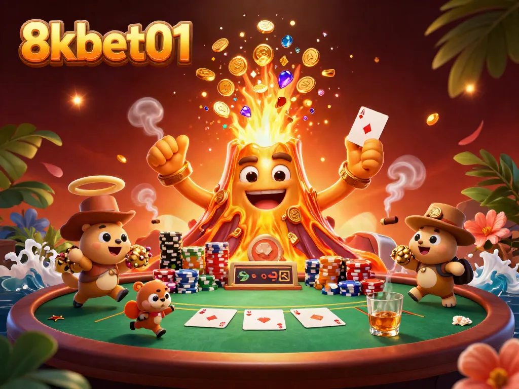 Experience excitement at 8kbet01 with a vibrant 3D casino scene featuring a volcano of treasures