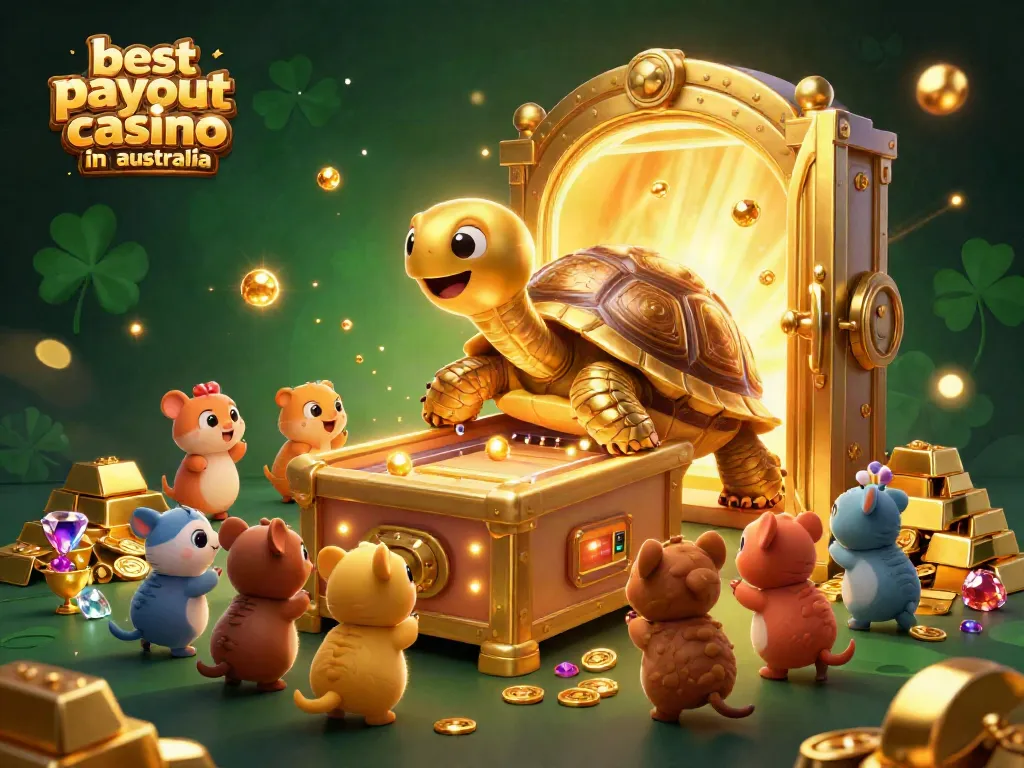 This vibrant illustration showcases the best payout online casino in australia, featuring a colossal tortoise pinball machine surrounded by treasures.