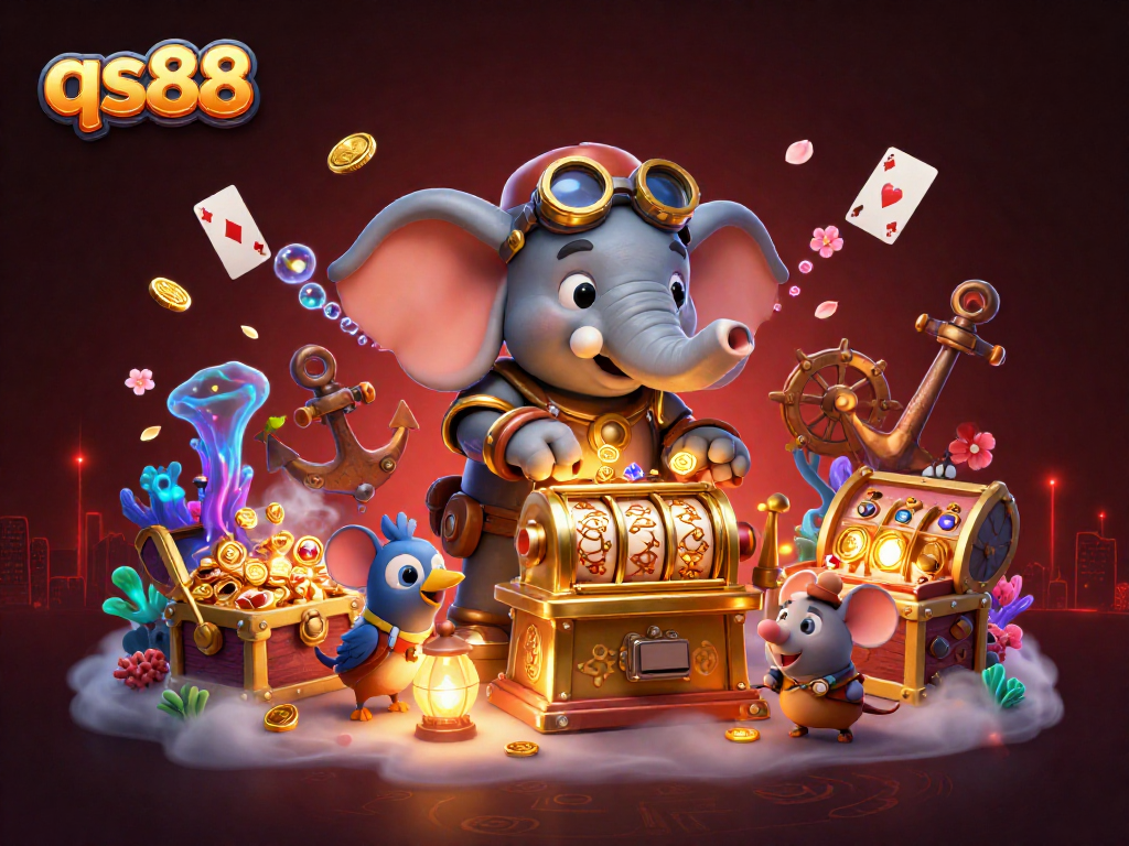 Engage in the thrilling world of qs88, where steampunk characters conquer vibrant slot machines amidst treasures and glowing elements.