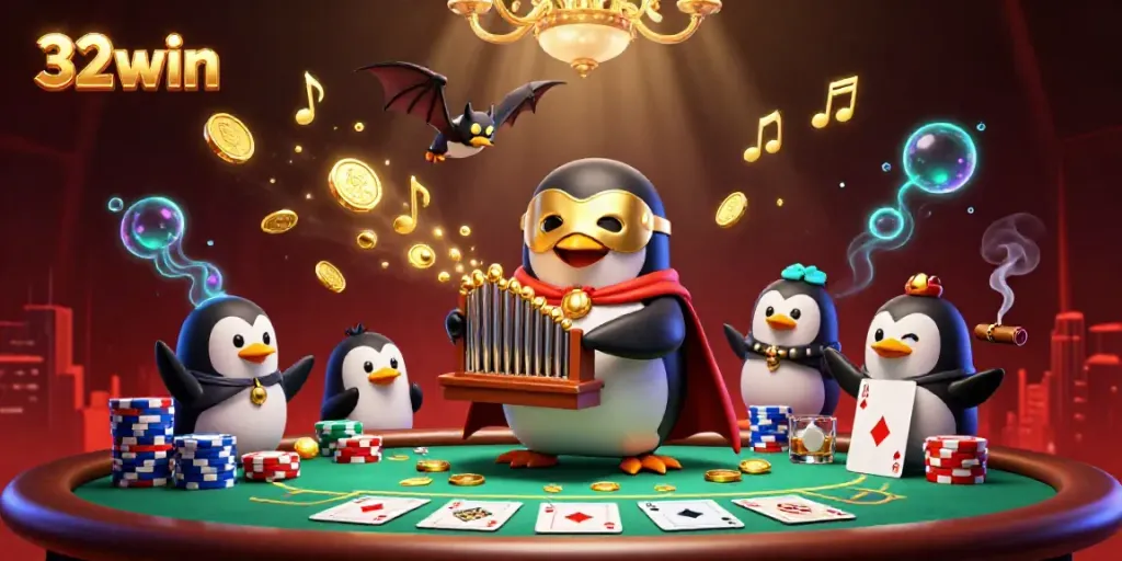 Engage with 32win as a penguin plays music and gold coins fly in a vibrant casino scene.