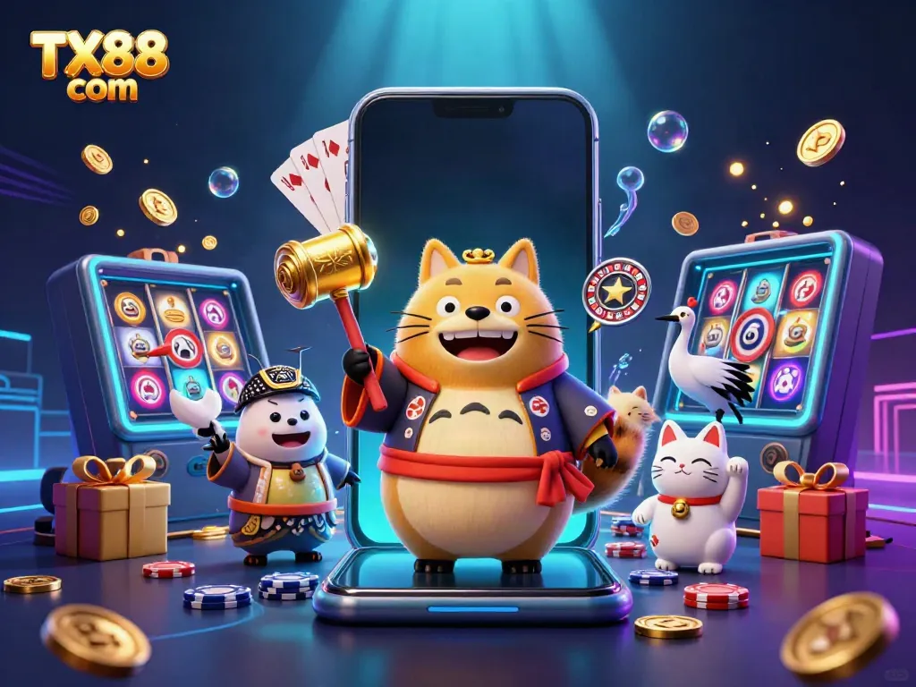 Engage with TX88 com through a lively casino scene with fortune animals and slot games.
