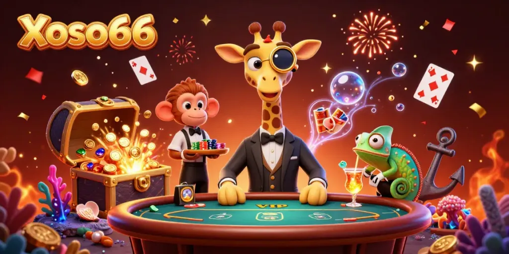 Experience Xoso66 in a vibrant 3D casino scene with a high-roller giraffe, monkey valet, and chameleon bartender.