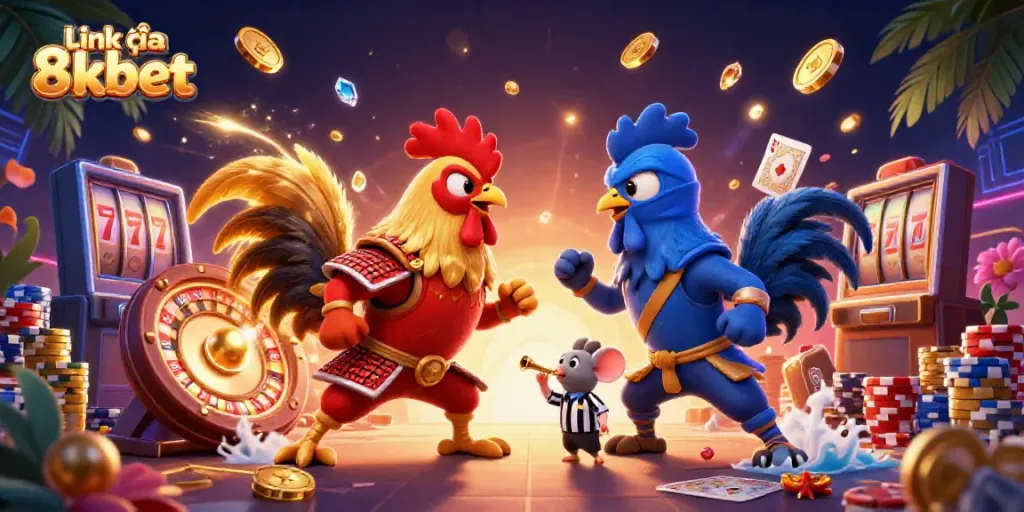 Experience the excitement of Link vào 8kbet with animated roosters, casino elements, and vibrant colors
